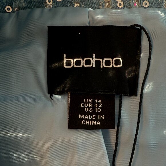 Boohoo Light Blue Sequin Tweed Jacket & Skirt Set – Oversized Blazer Midi Skirt - Picture 11 of 11